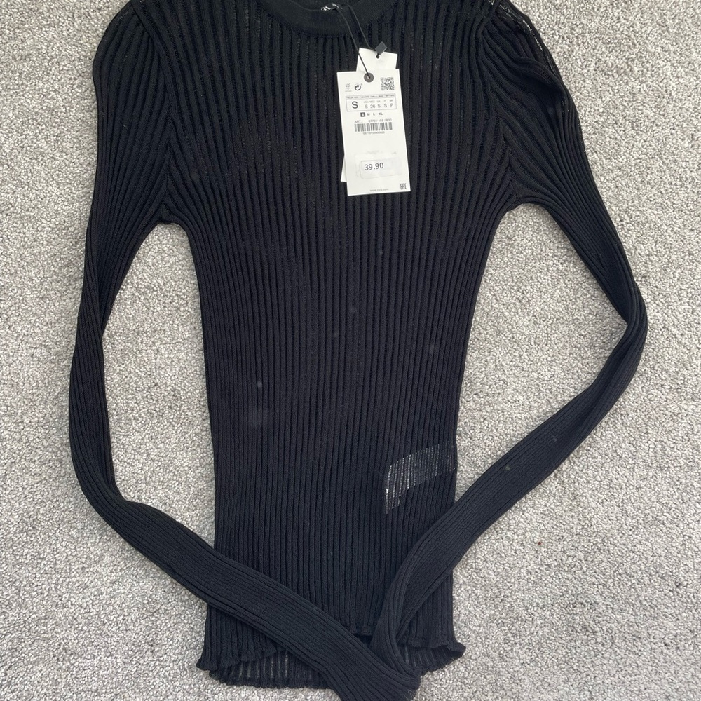 Zara Black Ribbed Sheer Knit Top